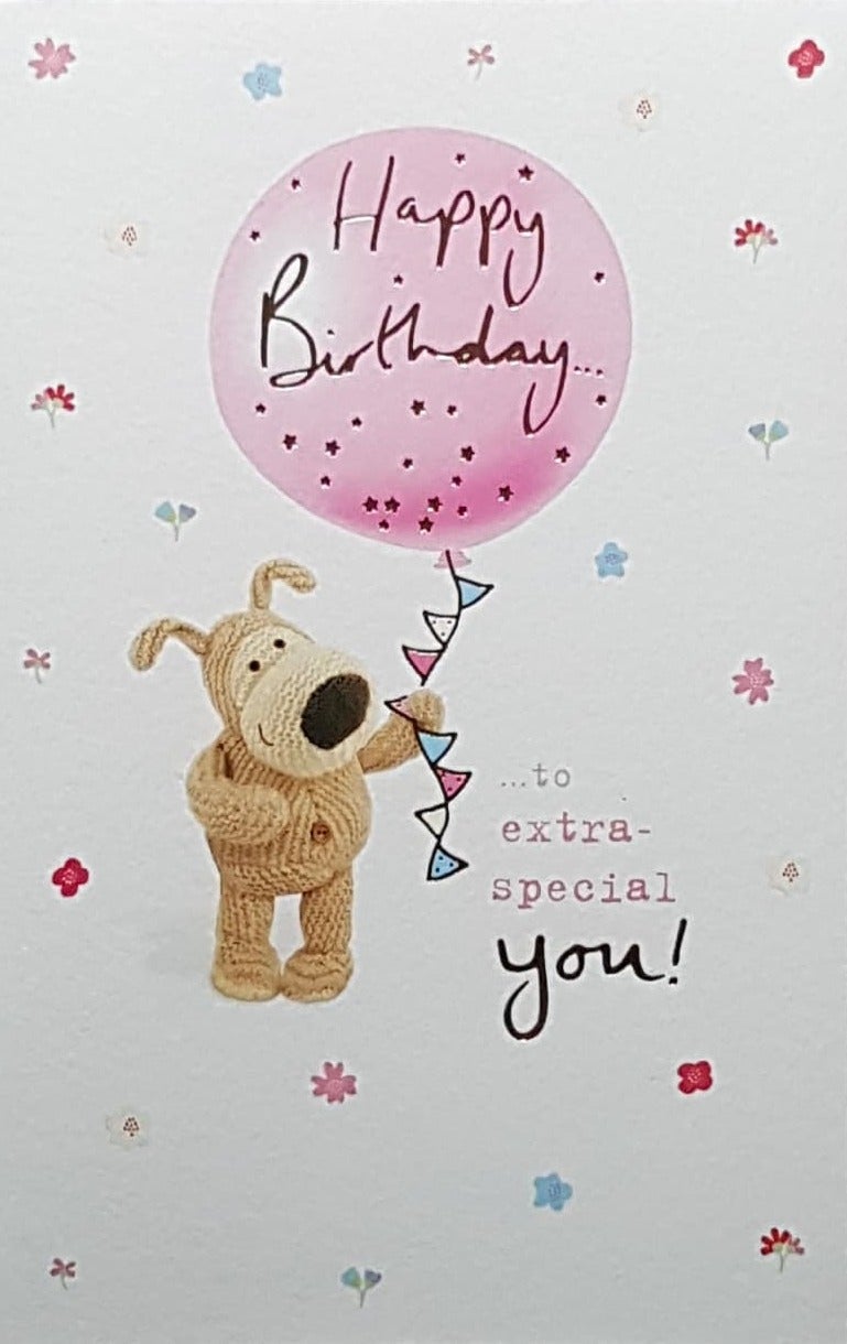 Birthday Card - A Lovely Dog Holding A Pink Balloon & Flowers