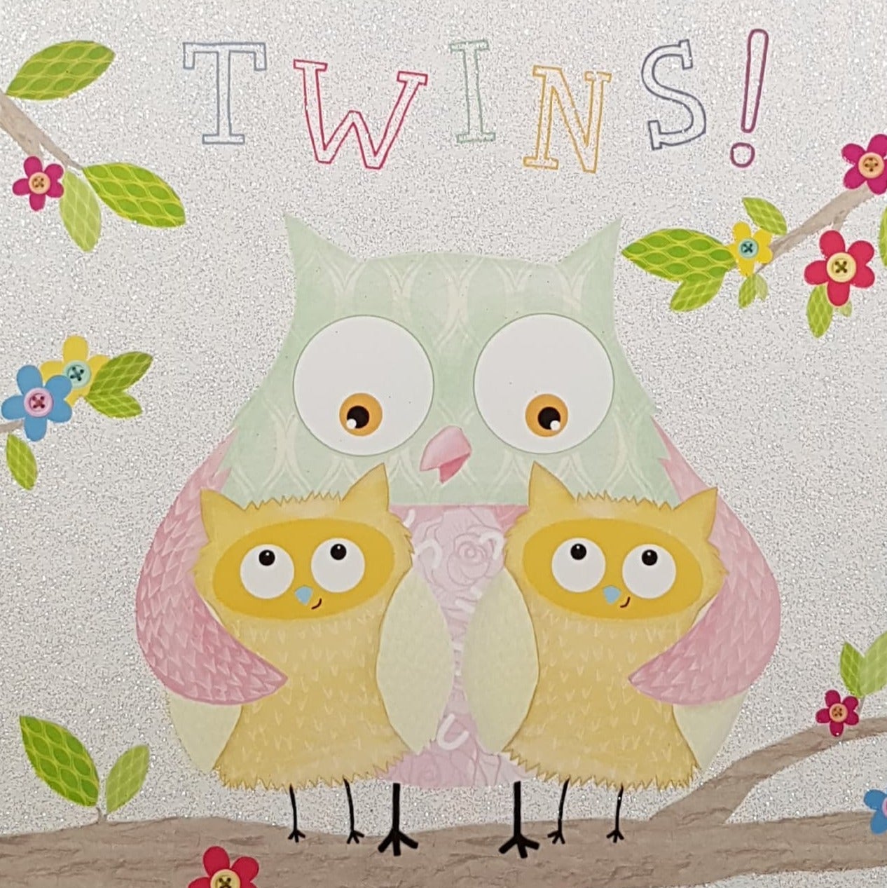 New Baby Card - New Twins / Mother Owl Holding Two Babies