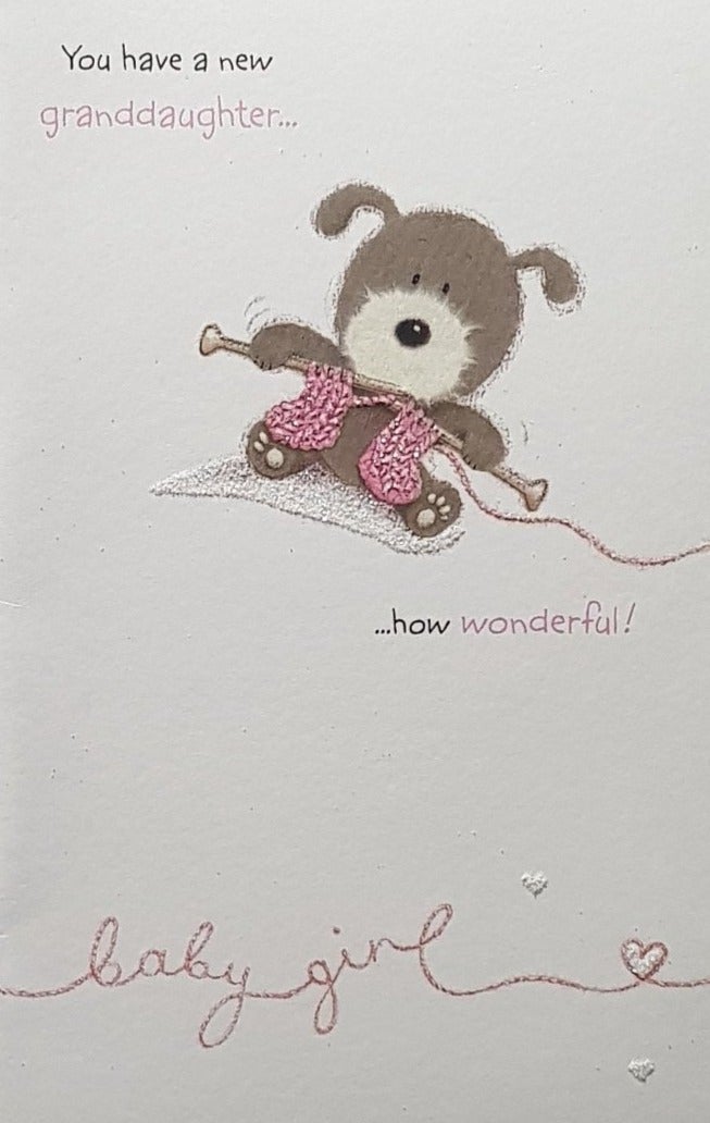 New Baby Card - Granddaughter / Lovely Teddy Knitting A Pink Vest