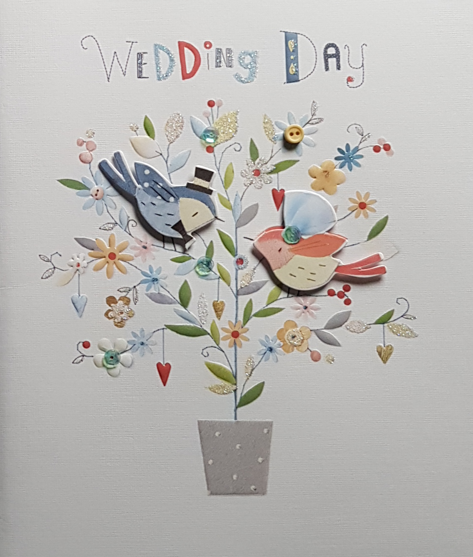 Wedding Card - Love Birds On A Potted Plant