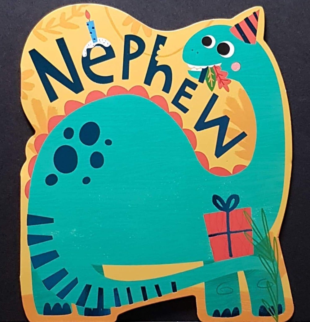 Birthday Card - Nephew / A Large Green Dinosaur With A Gift