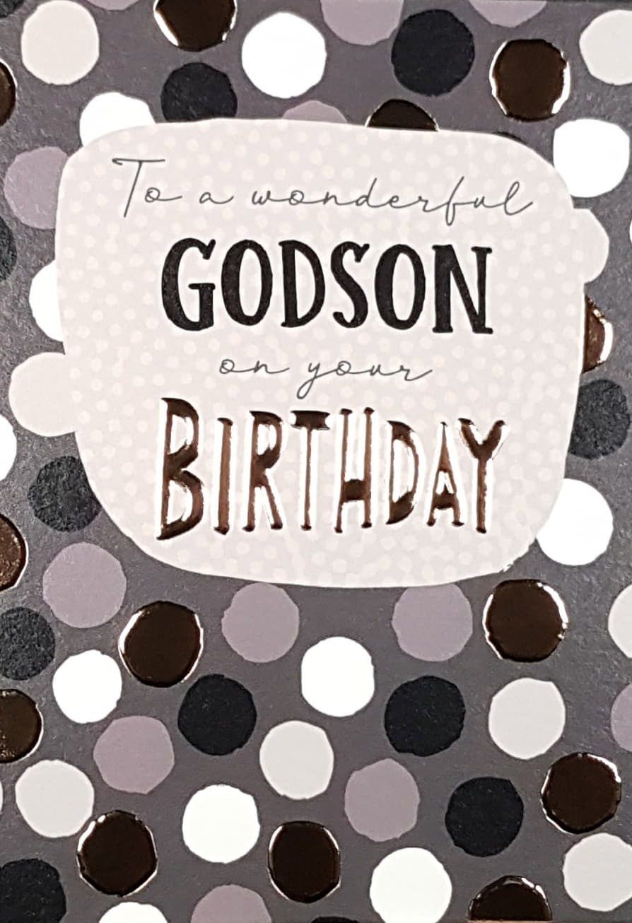 Birthday Card - Godson / White And Brown Polka Dots