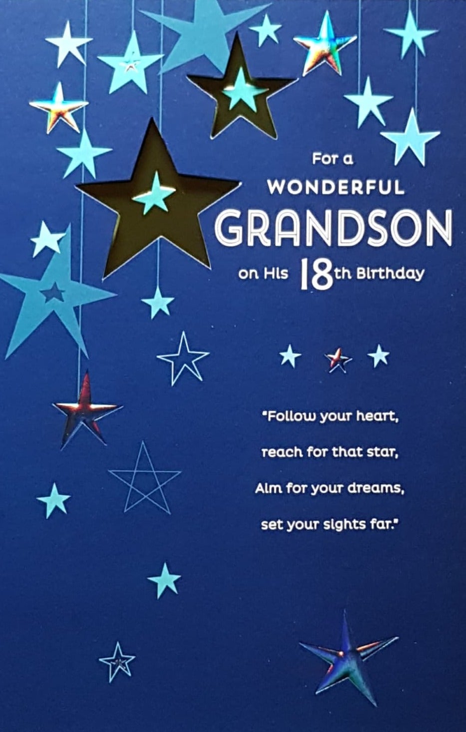 Age 18 Birthday Card - Grandson / Shiny Blue Stars Hanging From Strings