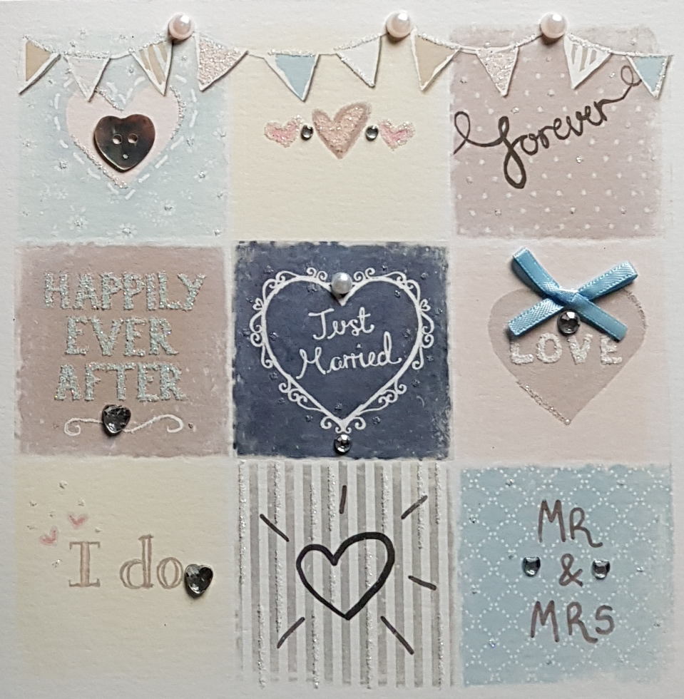 Wedding Card - 'Just Married' Blue Heart With A Pearl In Centre