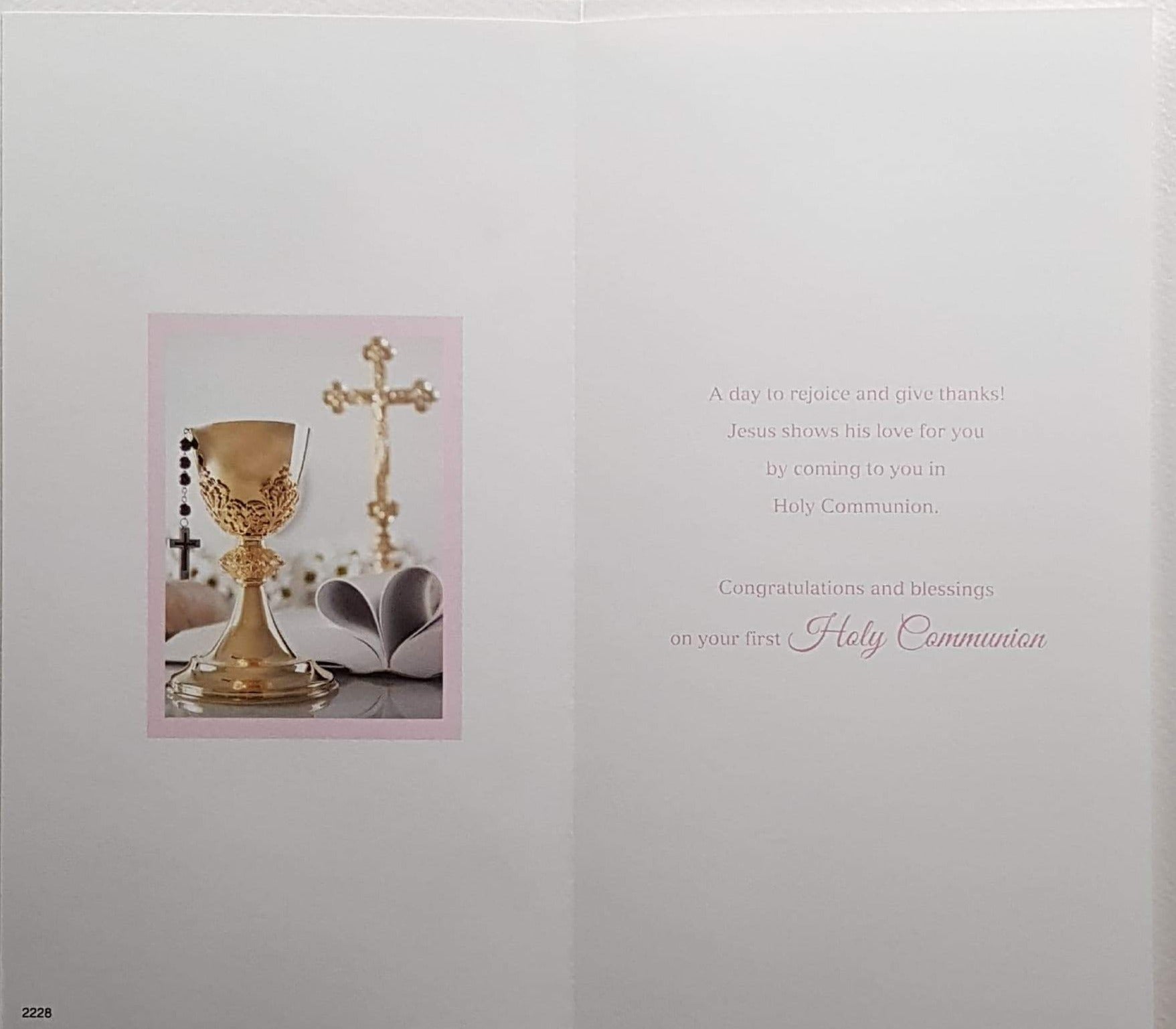 Communion Card - Girl - On Your First Holy Communion & Gold Chalice  Cross & Pink Border
