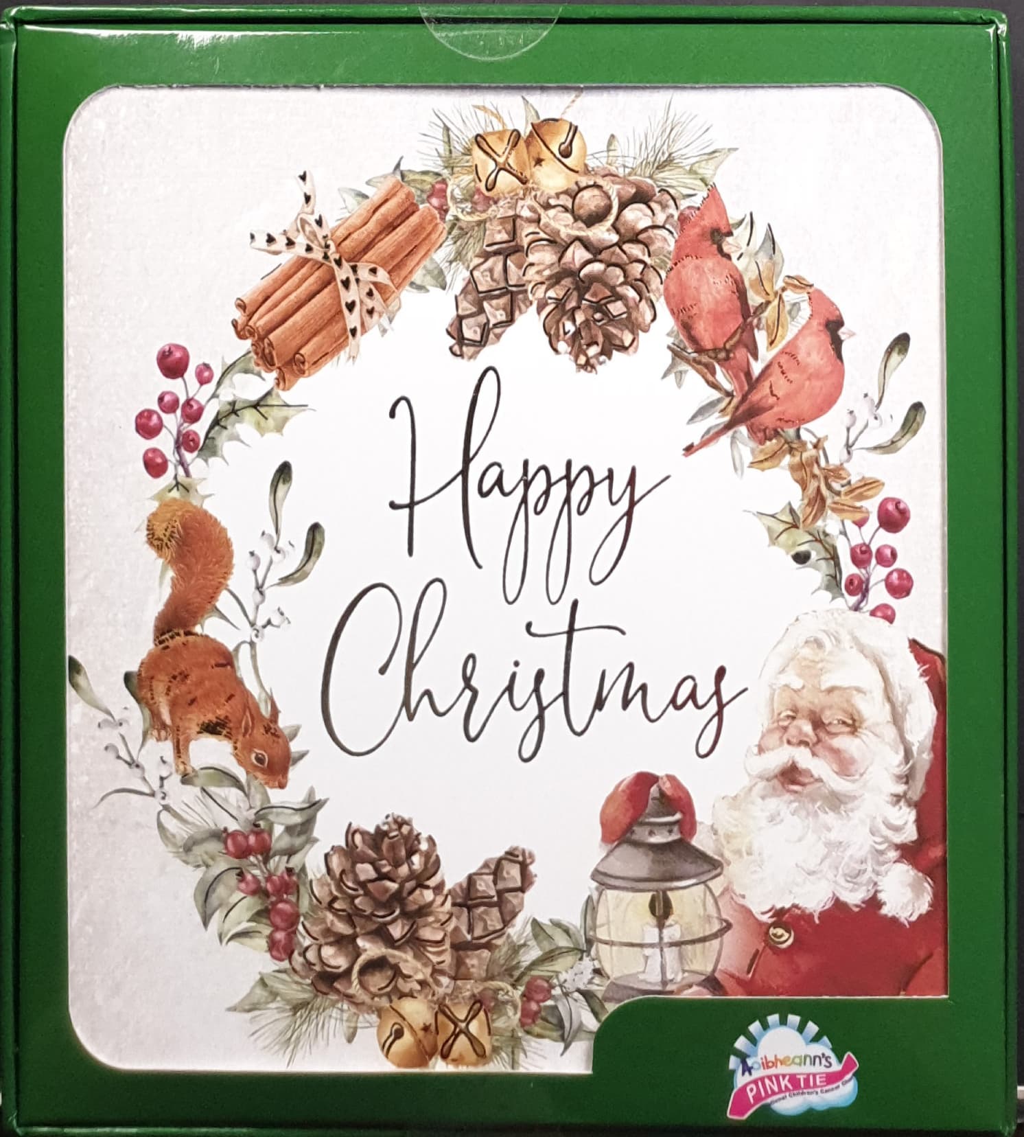 Charity Christmas Card (In Irish & English) - Box of 16 / Aoibheann's Pink Tie - Wreath with Santa & Birds