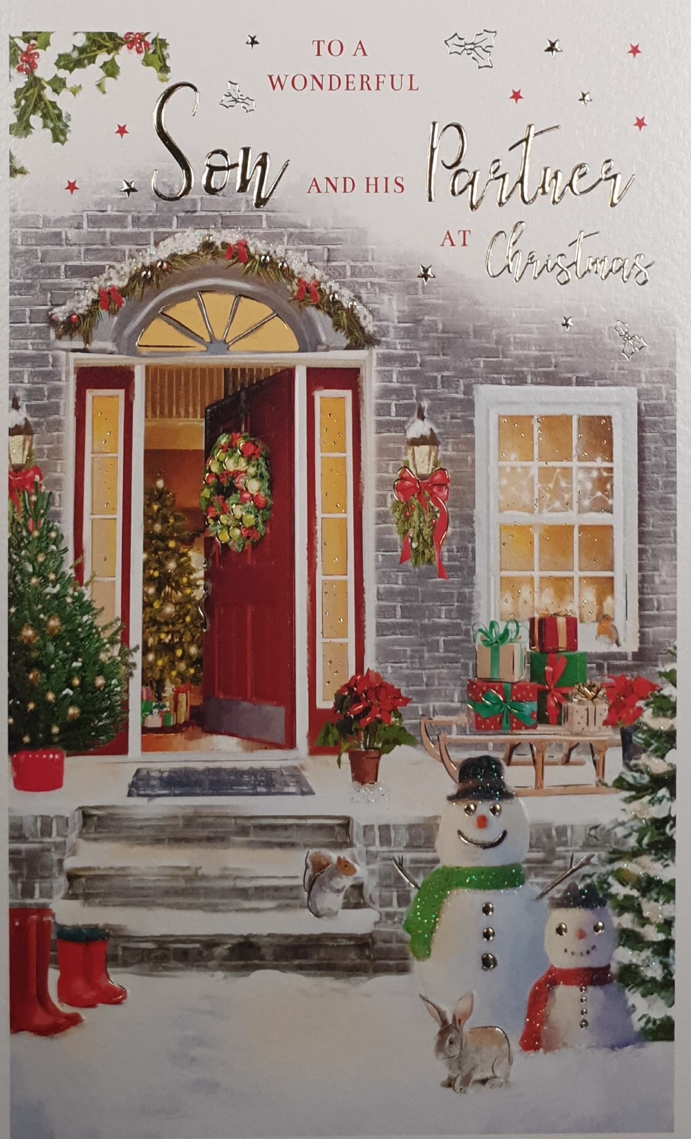 Son & His Partner Christmas Card - Festive Red Door & Snowman