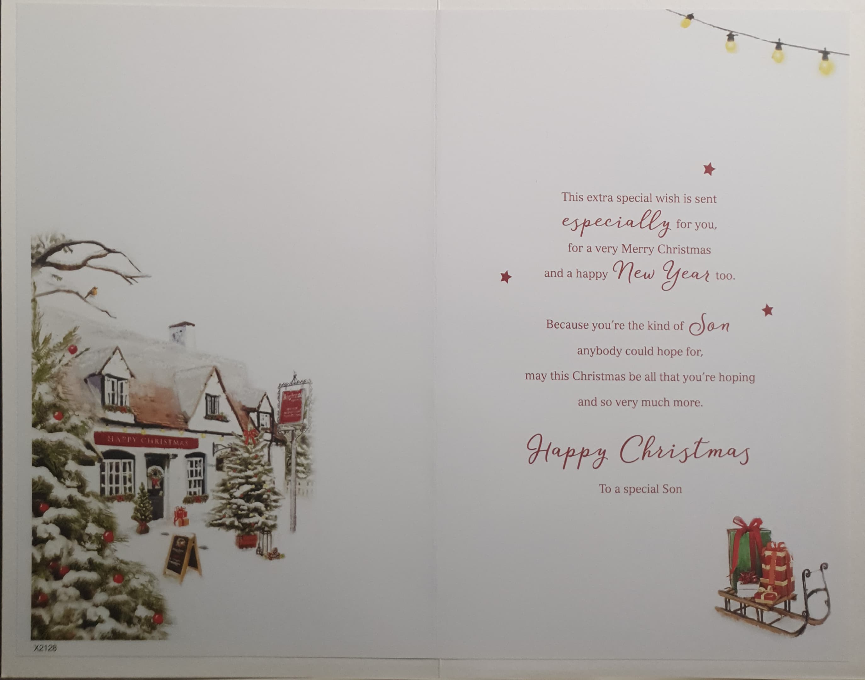 Son Christmas Card - Snowy Village & Sled with Gifts