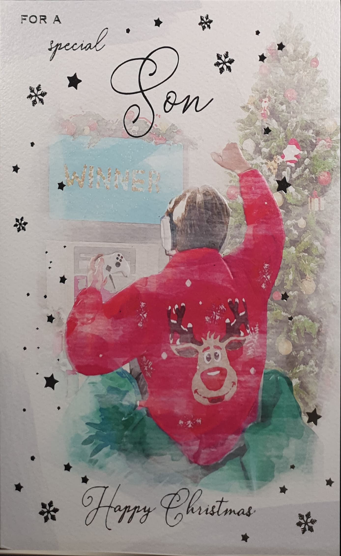 Son Christmas Card -Happy Christmas / Boy with Rudolph Jumper Playing Games