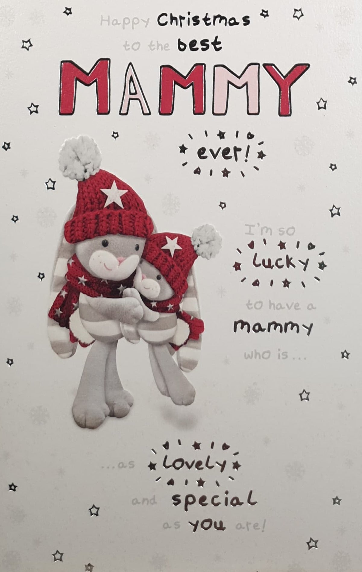 Mammy Christmas Card - I'm So Lucky... / Two Happy Bunnies in Woolly Hats