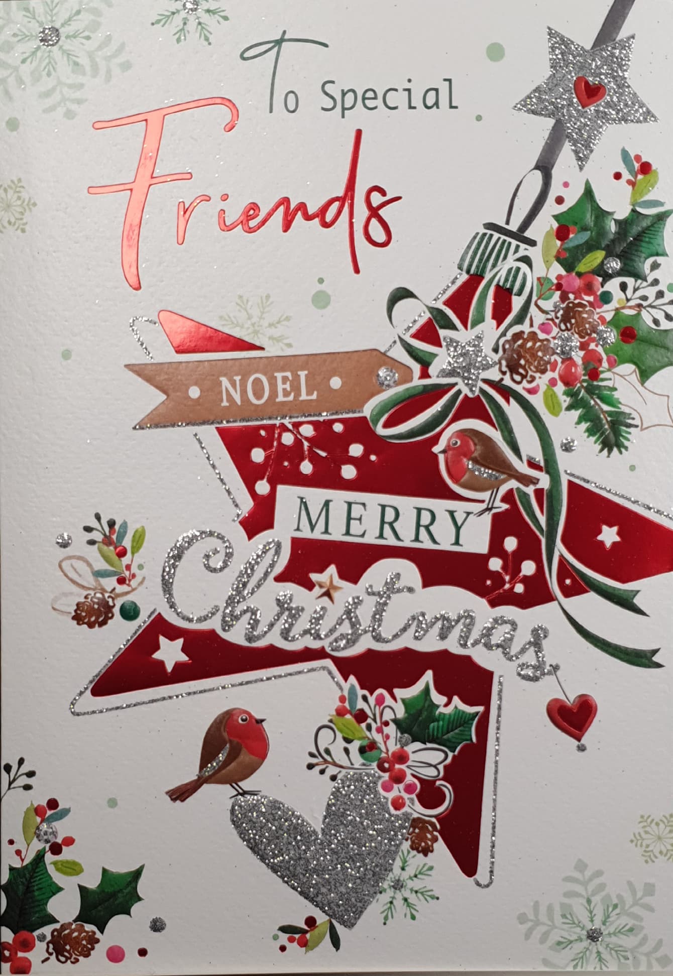 Special Friends Christmas Card - Robins & Decorated Red Star Bauble
