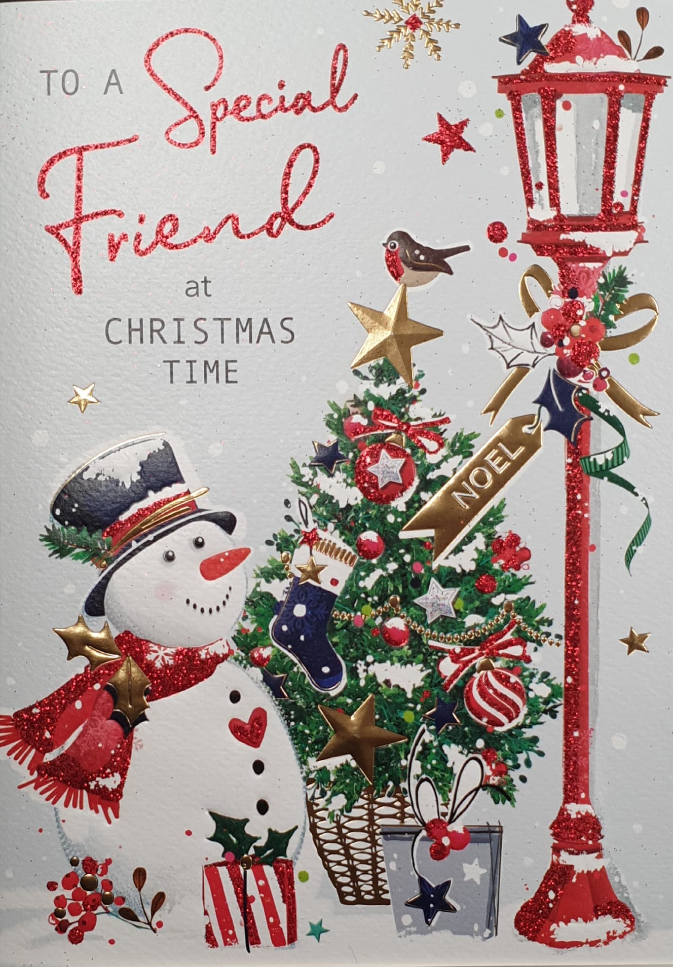 Special Friend Christmas Card - Snowman, Christmas Tree & Sparkly Red Lamp