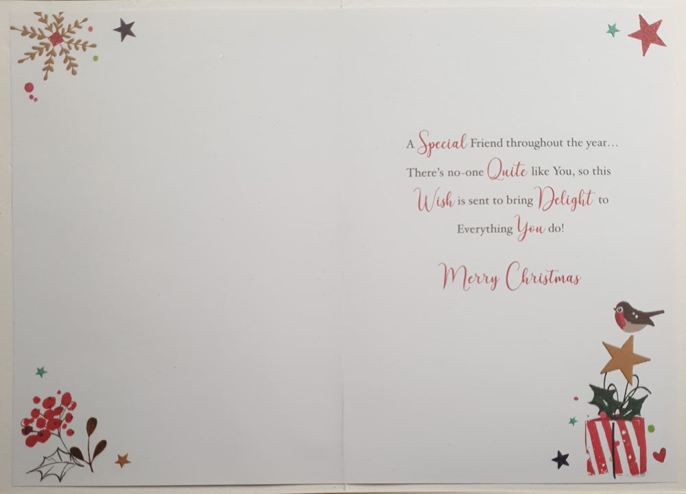 Special Friend Christmas Card - Snowman, Christmas Tree & Sparkly Red Lamp