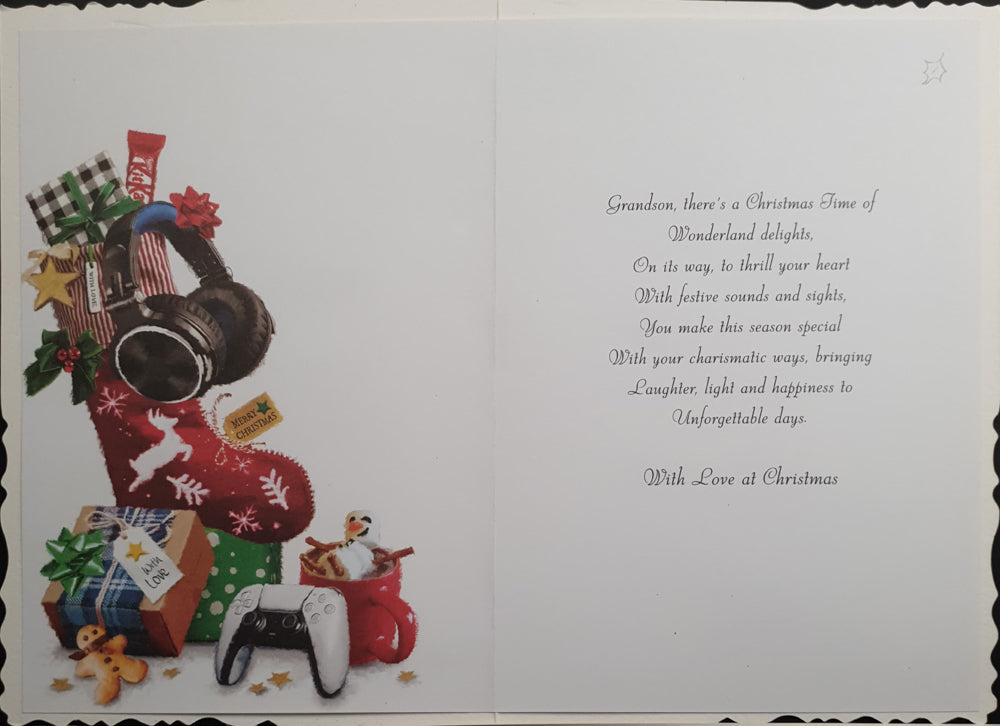 Grandson Christmas Card - Headphones, Controller & Hot Chocolate with Red Stocking