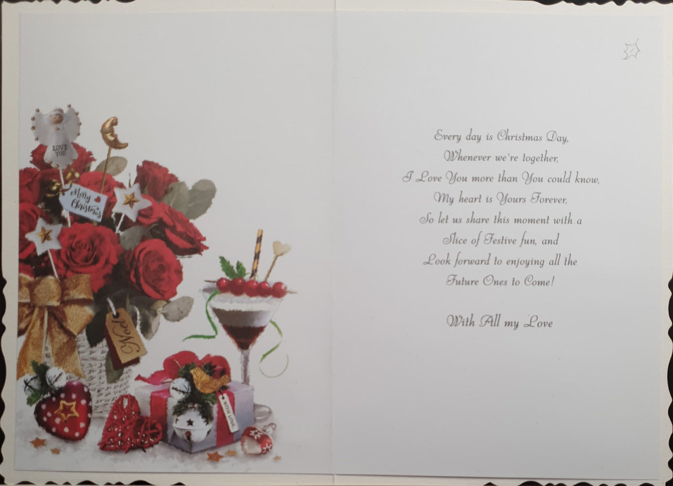 Special Fiancee Christmas Card - Rose Bouquet & Wine