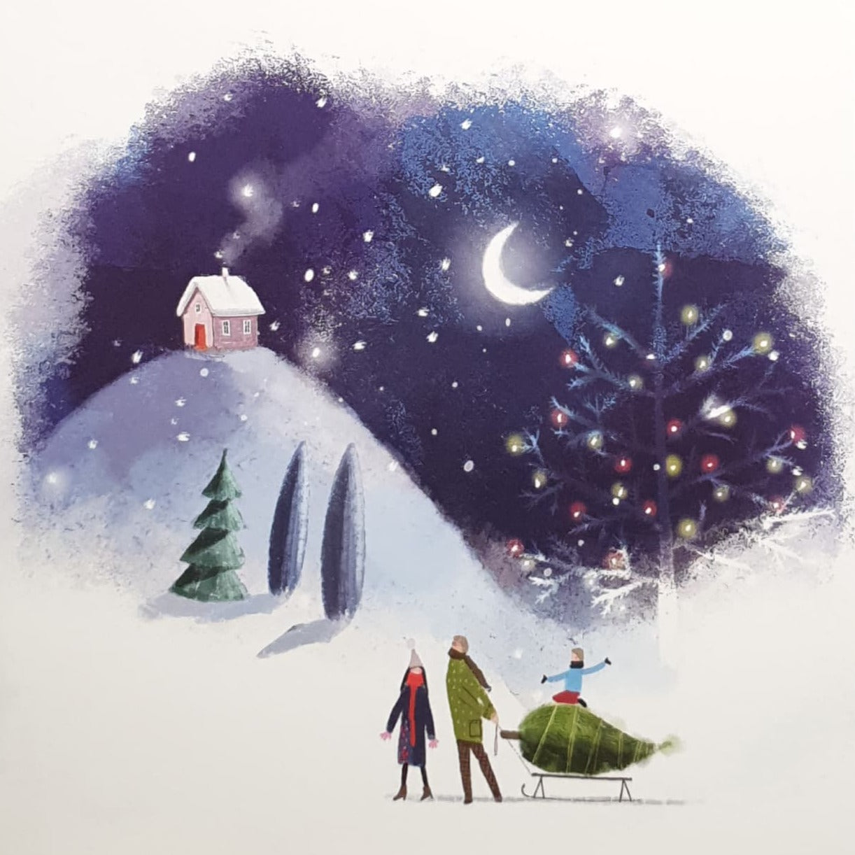 Charity Christmas Card - Pack of 8 Large Size / Northern Ireland Hospice - Family Carrying Christmas Tree