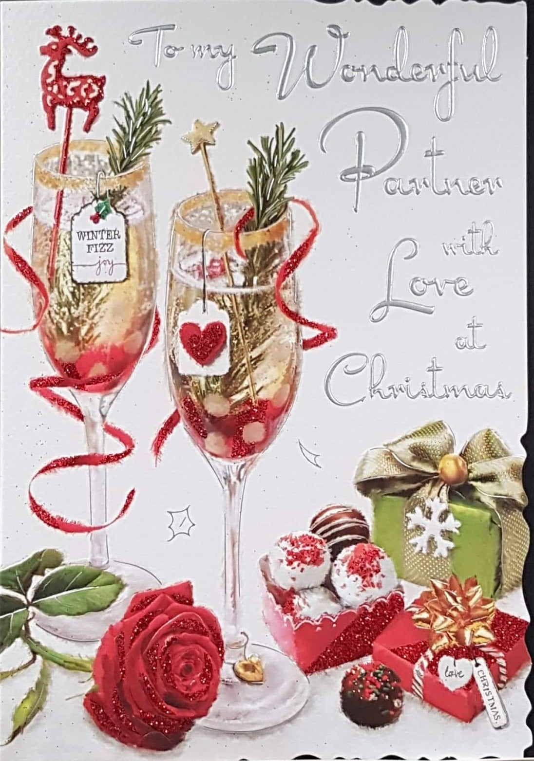 Partner Christmas Card - With Love at Christmas & Champagne Glasses & Gifts