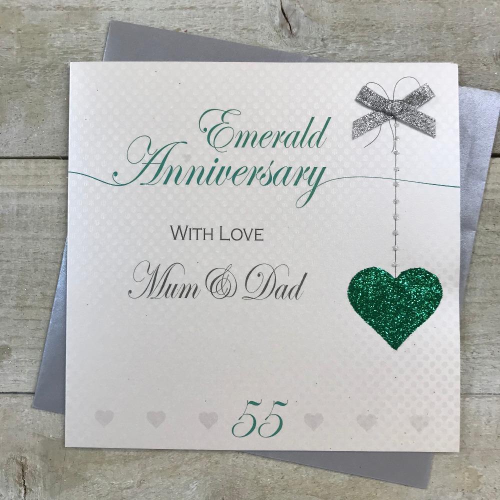 Anniversary Card - Mum & Dad / Emerald & A Silver Ribbon