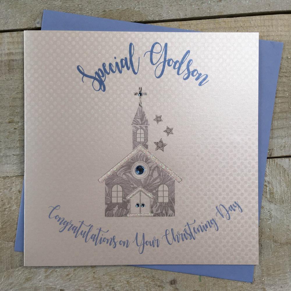 Christening Card -  Godson / A Silver Church & Three Silver Stars