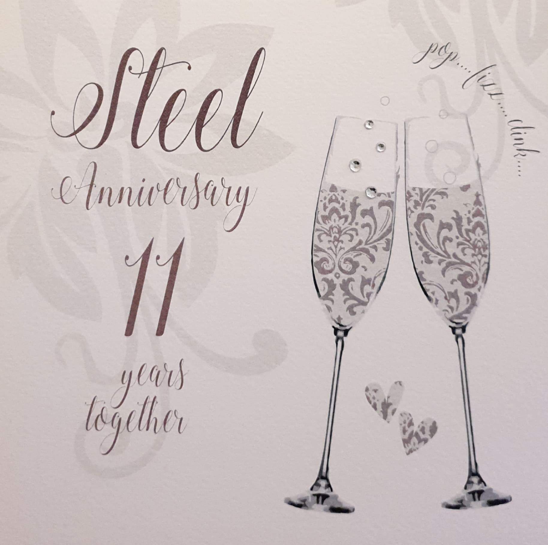 Anniversary Card - Steel Anniversary - 11 Years Together / Two Champagne Glasses with Silver Design