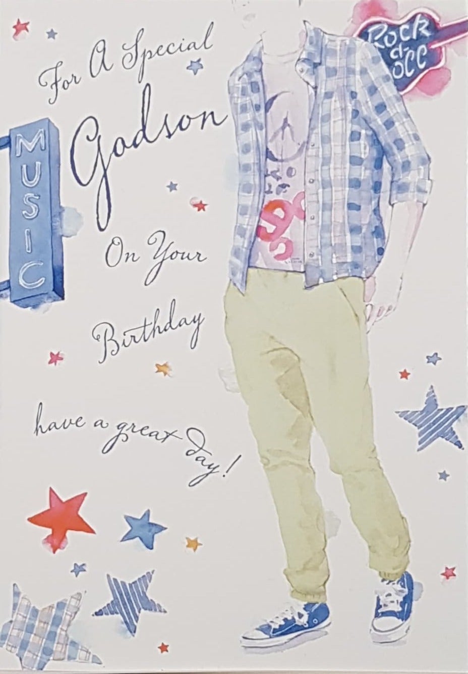 Birthday Card - Godson / A Blue 'Music' Sign & Stars