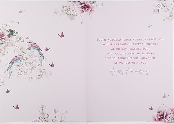 Anniversary Card - Wife   Pink Birds & A Pink Floral Border - Card 