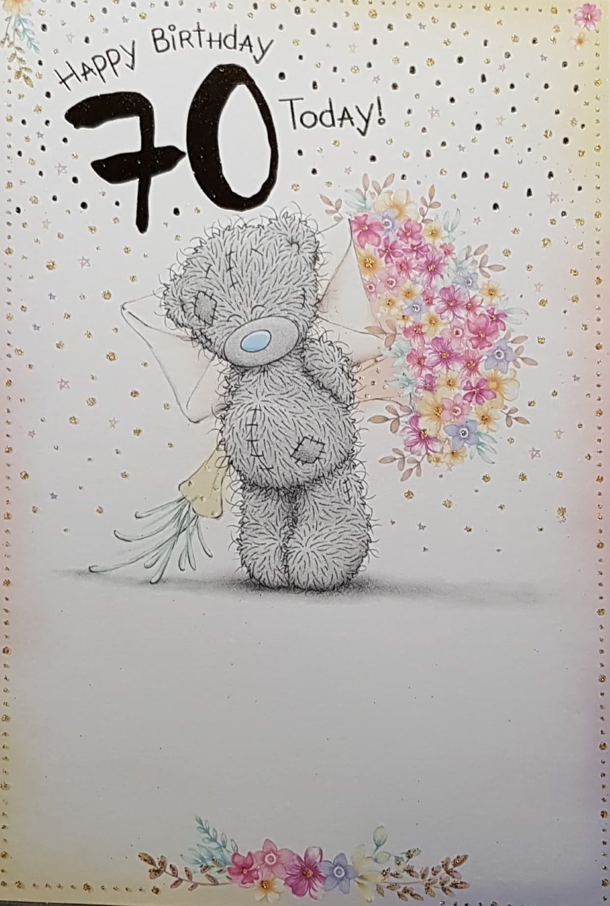 Age 70 Birthday Card - Cute Teddy Holding A Bouquet Of Flowers