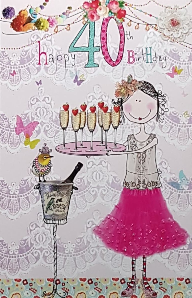 Age 40 Birthday Card - A Woman Presenting A Tray Of Champagne At Party