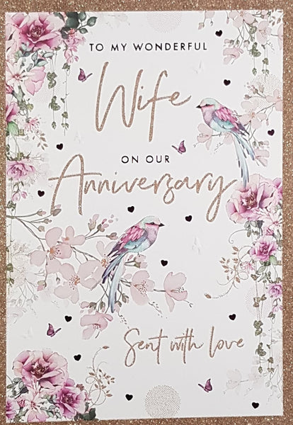 Anniversary Card - Wife / Pink Birds & A Pink Floral Border - Card ...