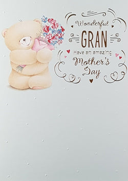 Gran Mothers Day Card - Teddy Hugging Blue & Red Flowers