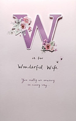 Birthday Card - Wife / Wonderful Wife, Purple 'W' & Flowers
