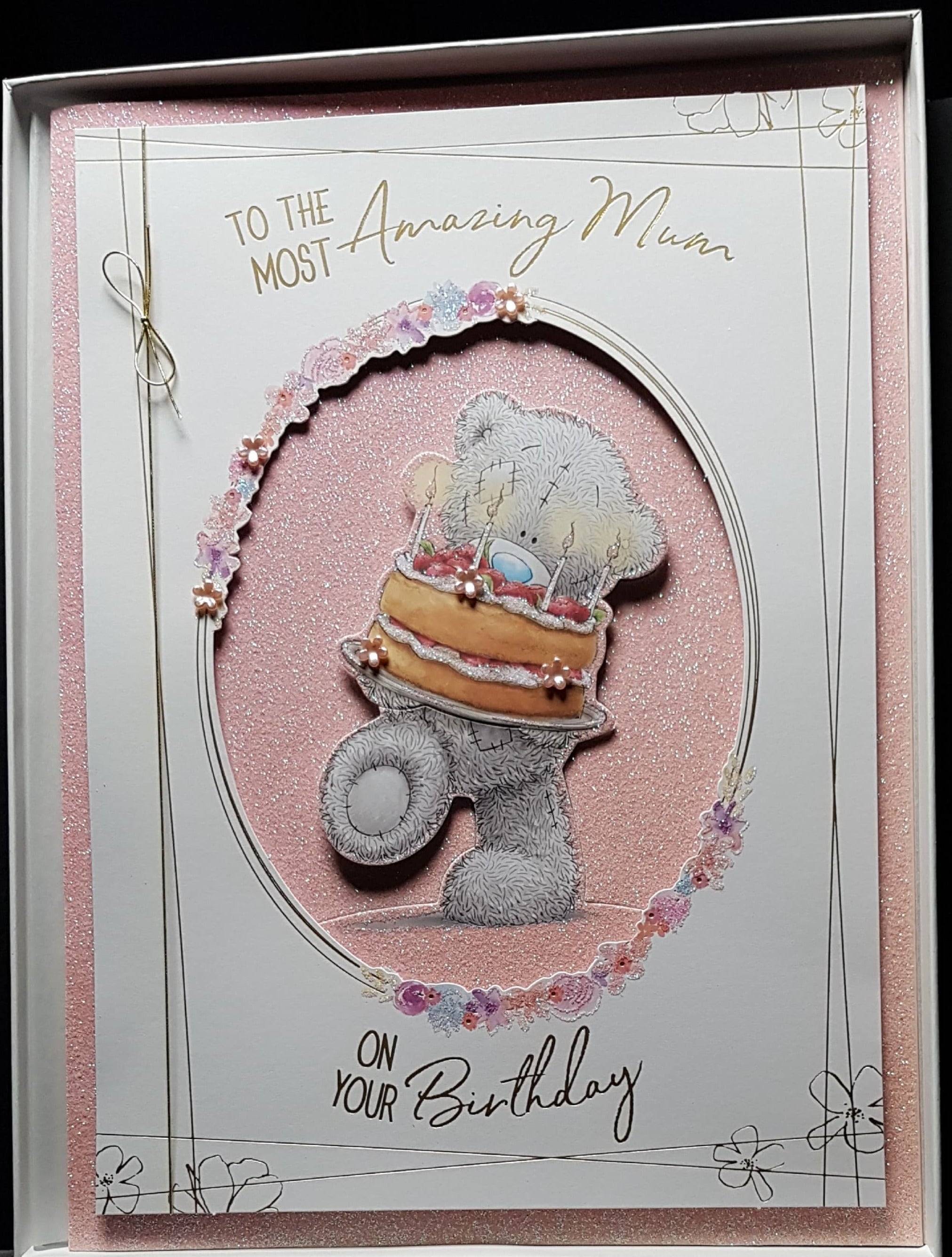Birthday Card - Mum / White Flowers & Pink Glitter ( A Card In A Box)