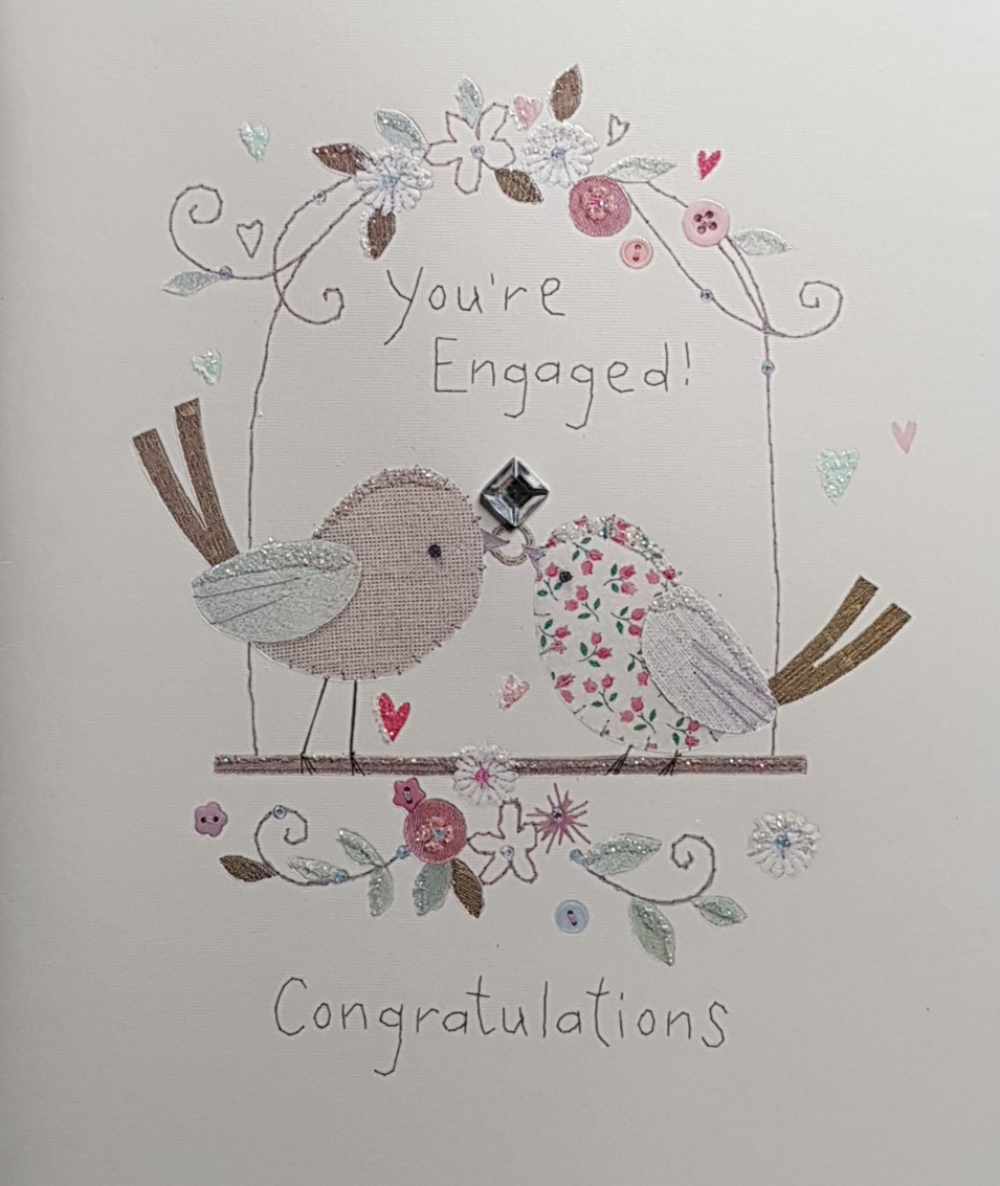 Engagement Card - Congratulations & Two Birds Sitting On A Flower Swing