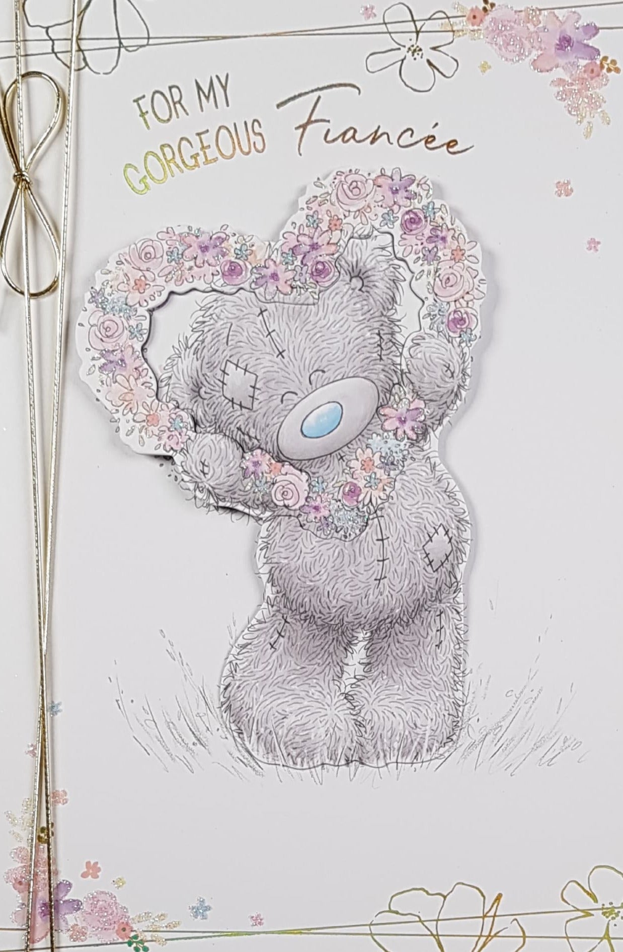Birthday Card - Fiancee / Teddy Bear Holding Up A Heart Made Of Flowers