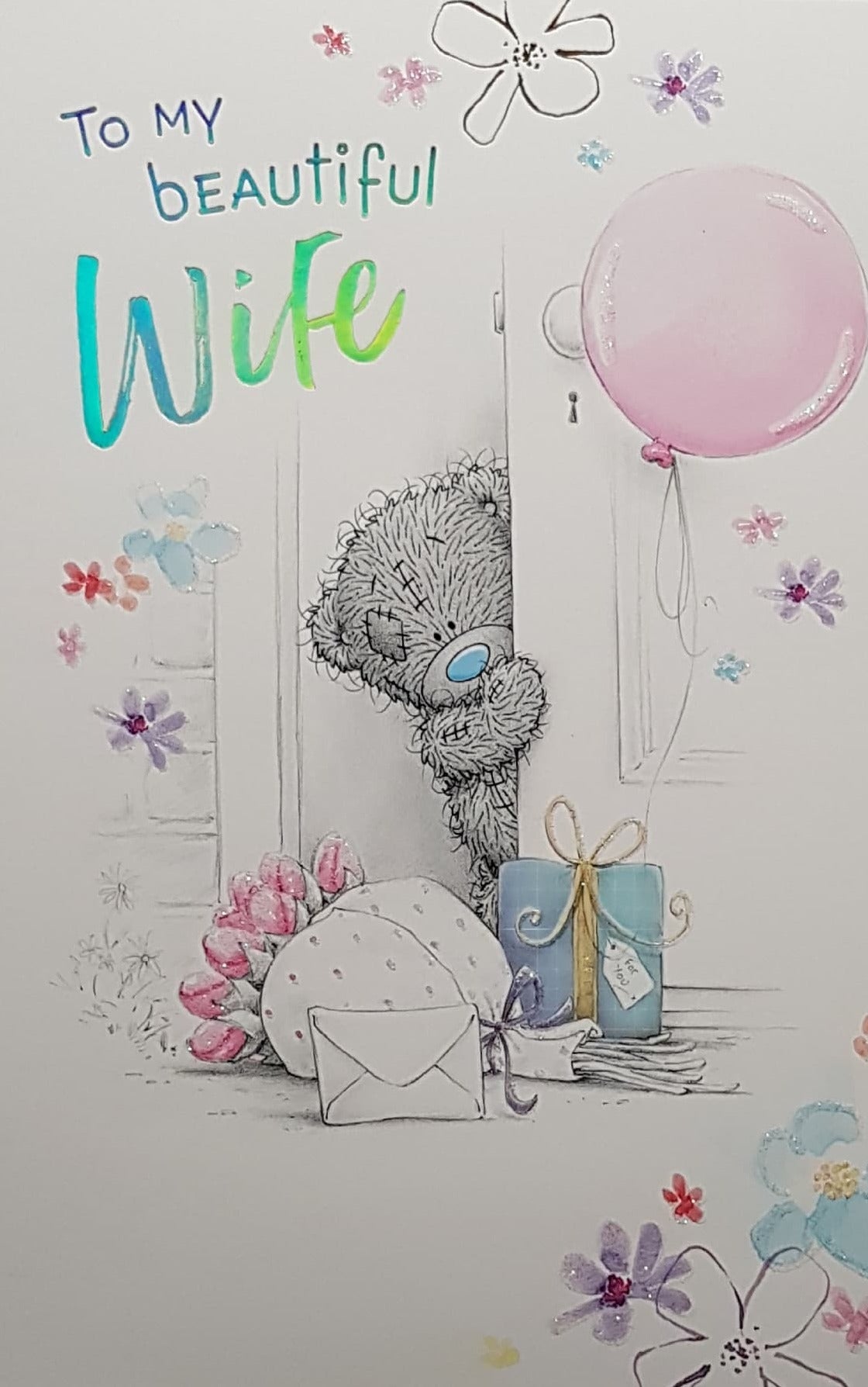 Birthday Card - Wife / A Blue Gift Box & A Pink Balloon
