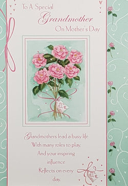 Grandmother Mothers Day Card - Six Pink Flowers In A Green Frame