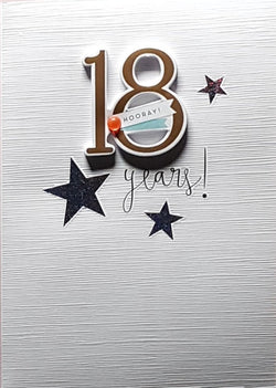 Age 18 Birthday Card - Golden 18 & Sparkly Stars 'Hooray!'