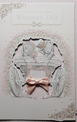 Wedding Card - A Teddy Couple In A Sparkly Carriage & 'Just Married'