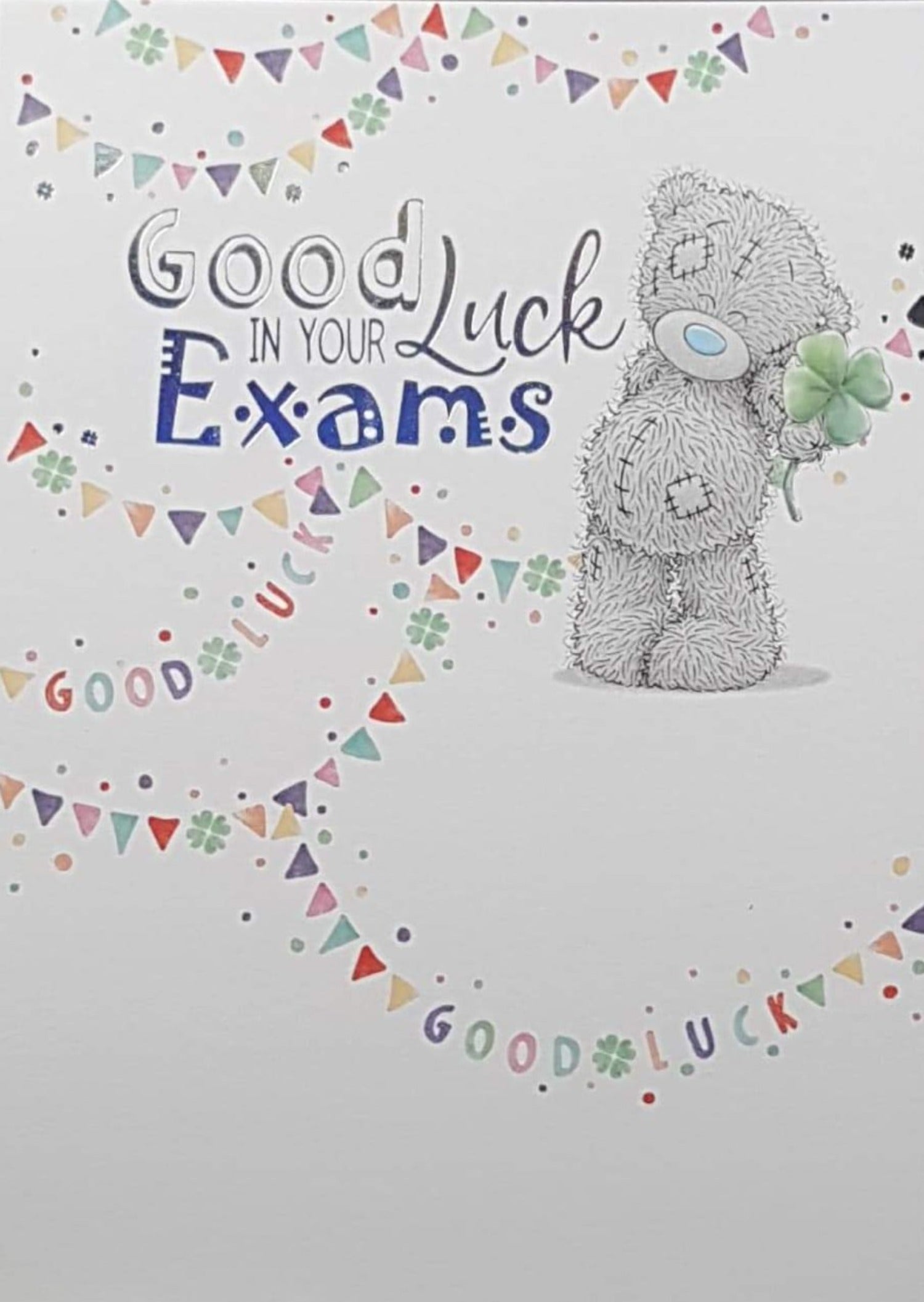 Good Luck Card - Exams / Happy Teddy Holding A Clover