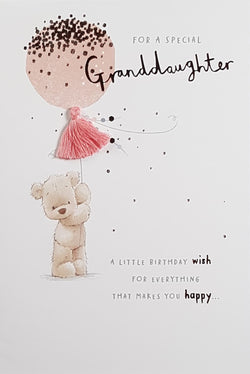 Birthday Card - Granddaughter / Cute Teddy Holding Pink Balloon