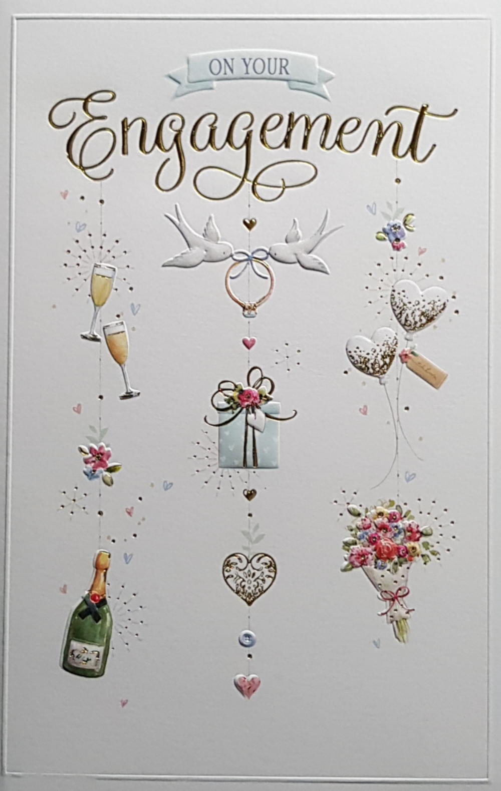 Engagement Card - Champagne & Birds & Gifts & Wine Glasses Hanging From Top