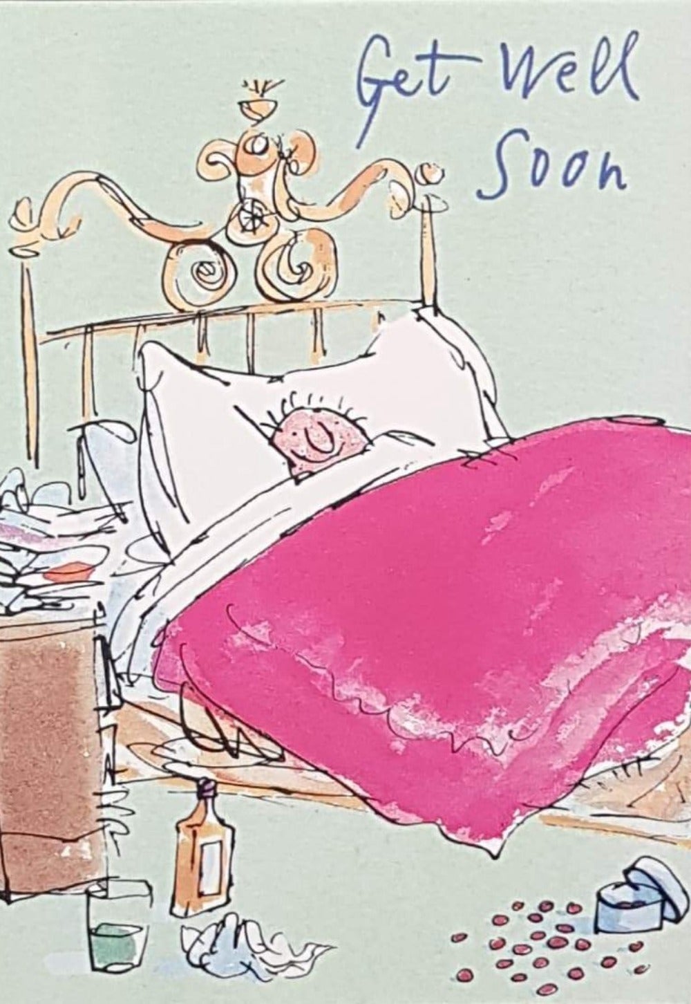 Get Well Card - A Messy Room And Someone Under A Pink Blanket