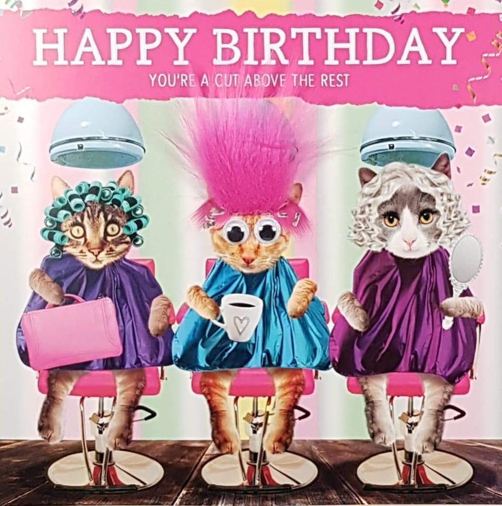 Birthday Card - Humour / Three Cats In A Hairdresser