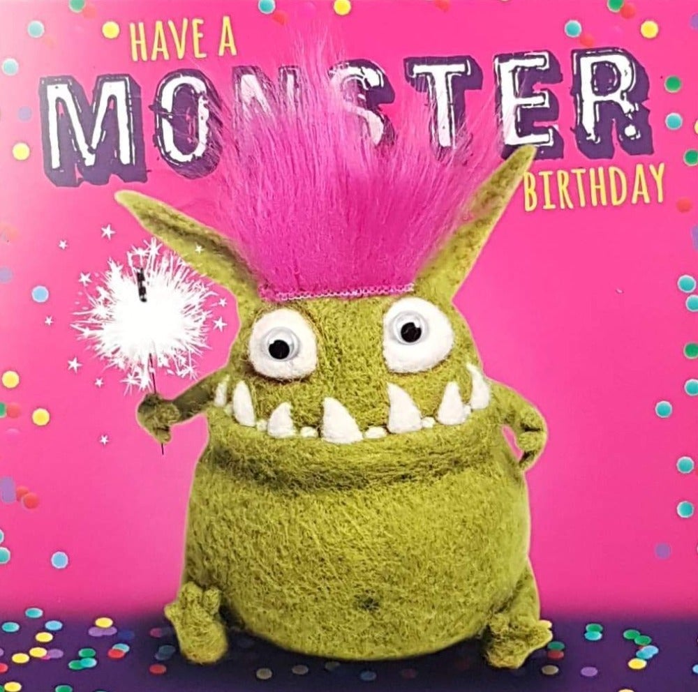 Birthday Card - Humour / A Green Monster With Pink Fluffy Hair Holding Sparkler