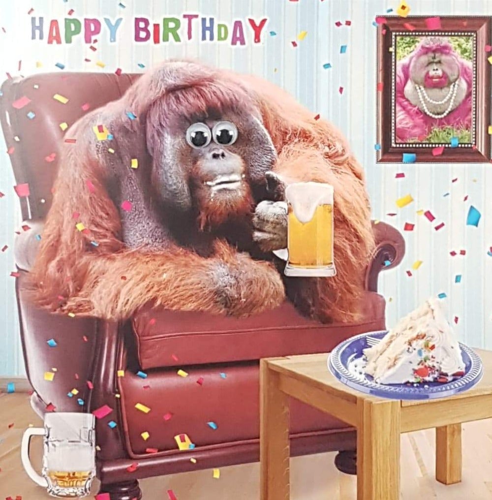 Birthday Card - Humour / The Gorilla Drinking Beer Sitting On The Armchair
