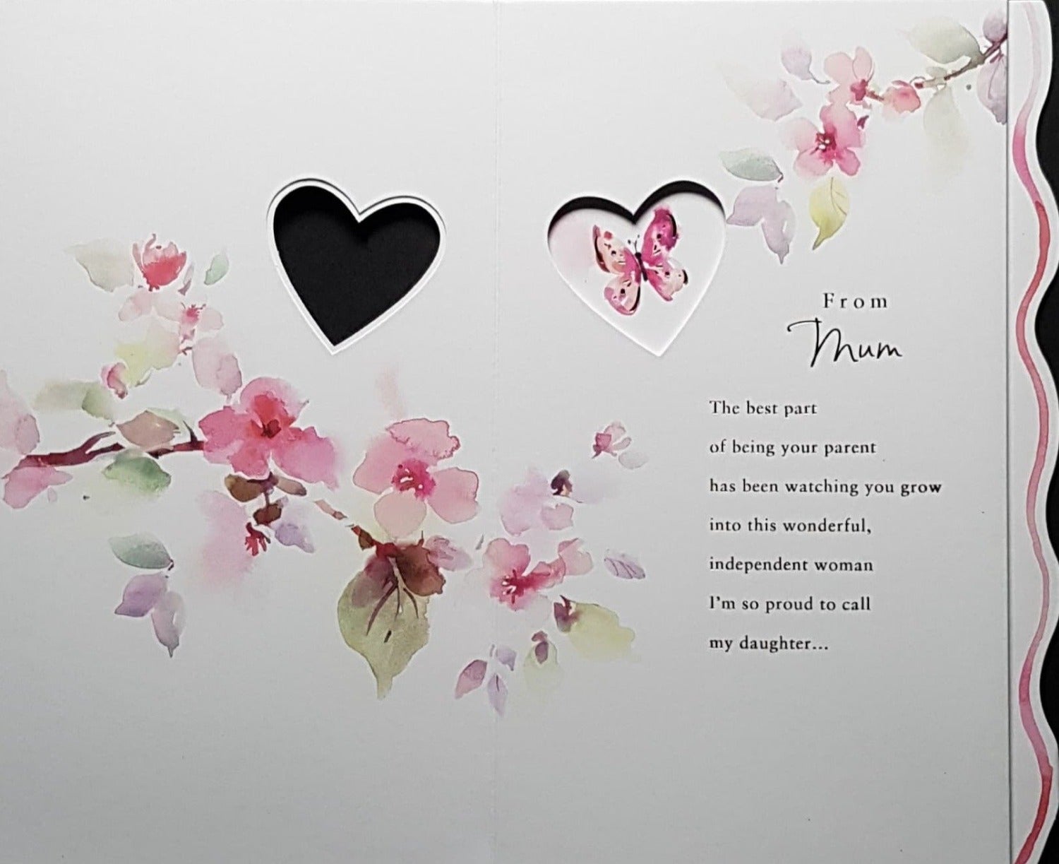 Birthday Card - Daughter / A Pink Butterfly On A White Heart & Flowers