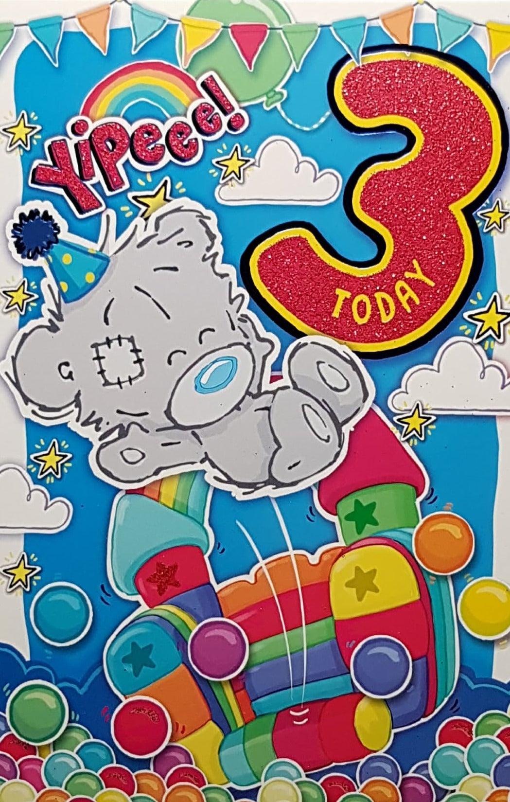 Age 3 Birthday Card - Teddy & A Multicoloured Bouncy Castle