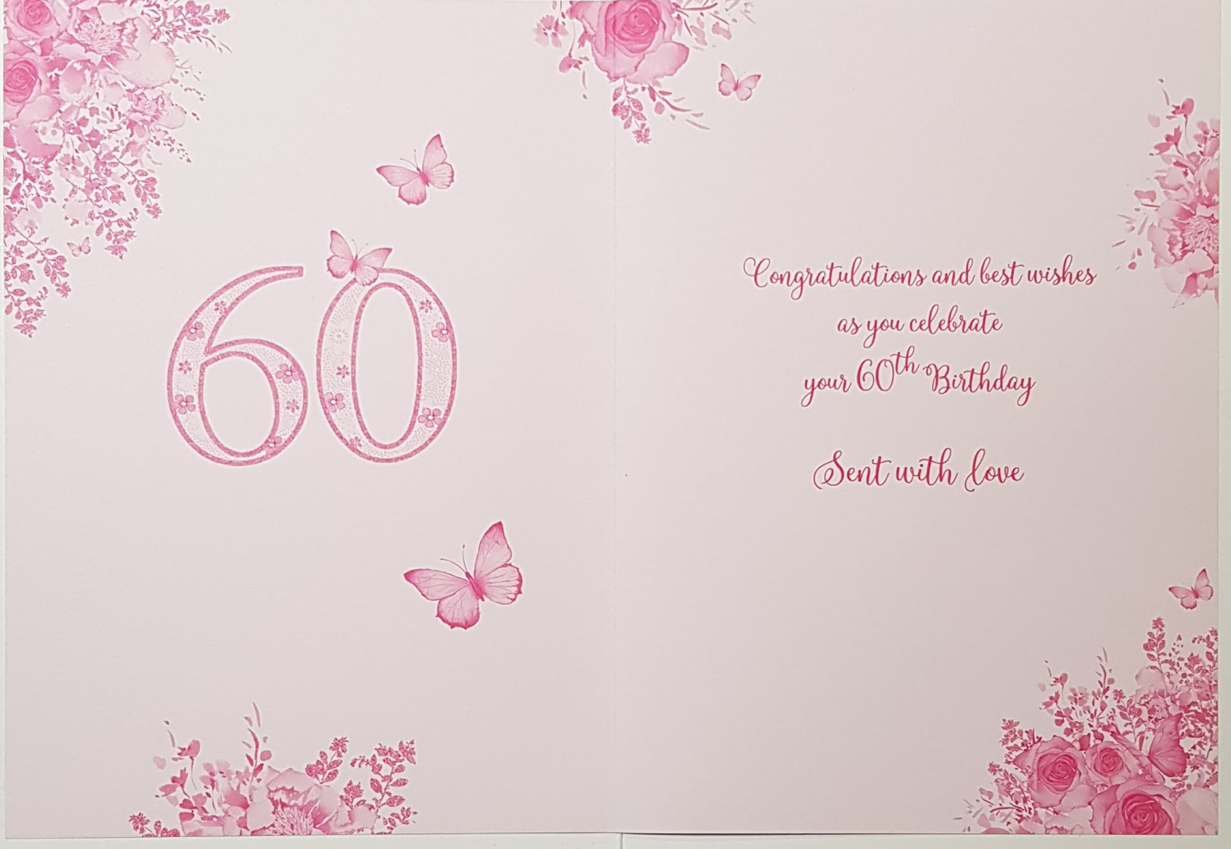 Age 60 Birthday Card - Pink Rose Bush & Butterflies