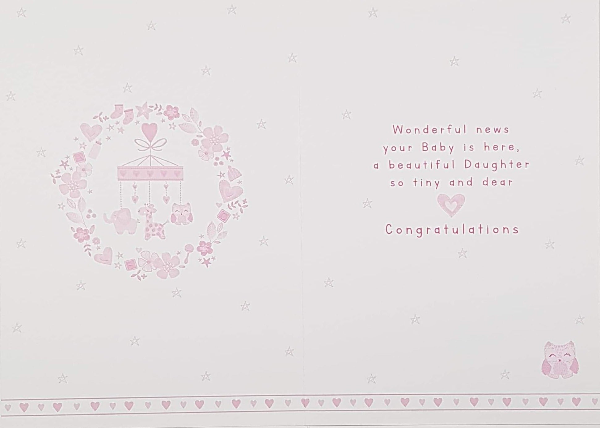 New Baby Card - Girl (Daughter) / Big Pink 'B' Decorated By Flowers
