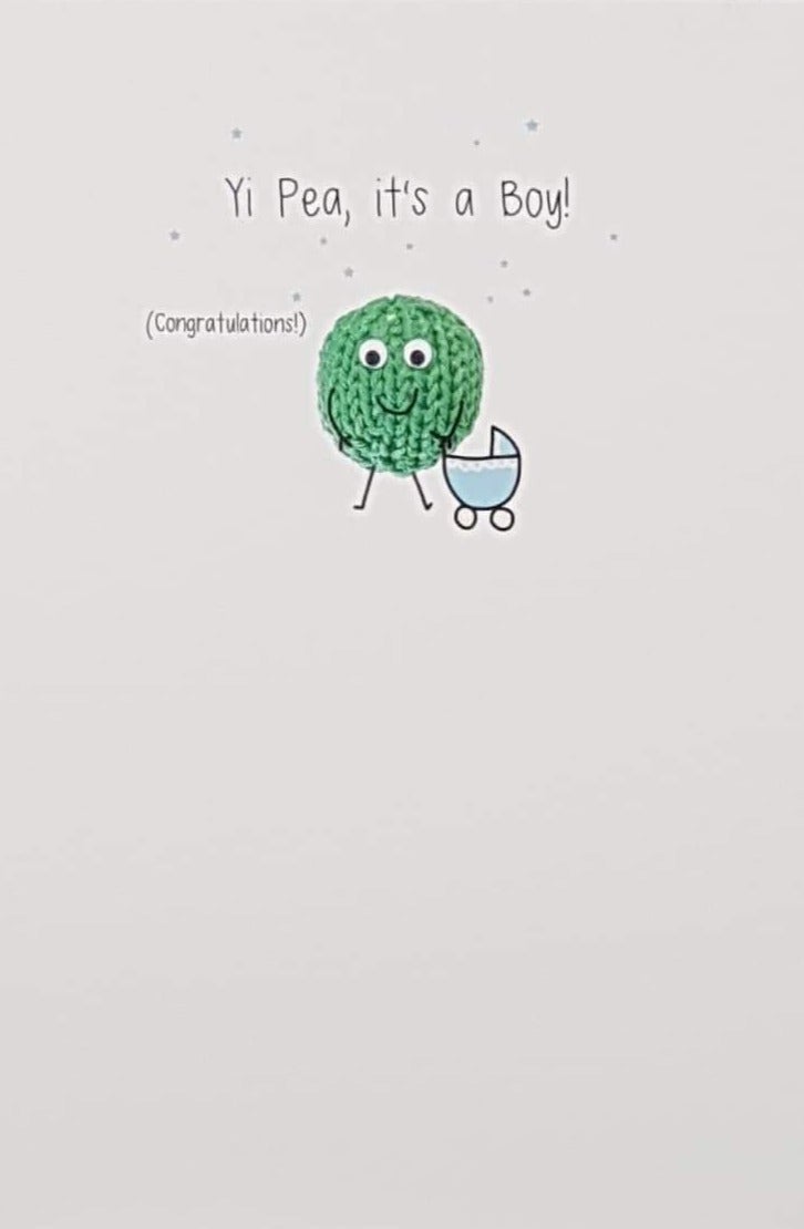 New Baby Card - Boy / A Croched Green Pea Holding A Blue Stroller